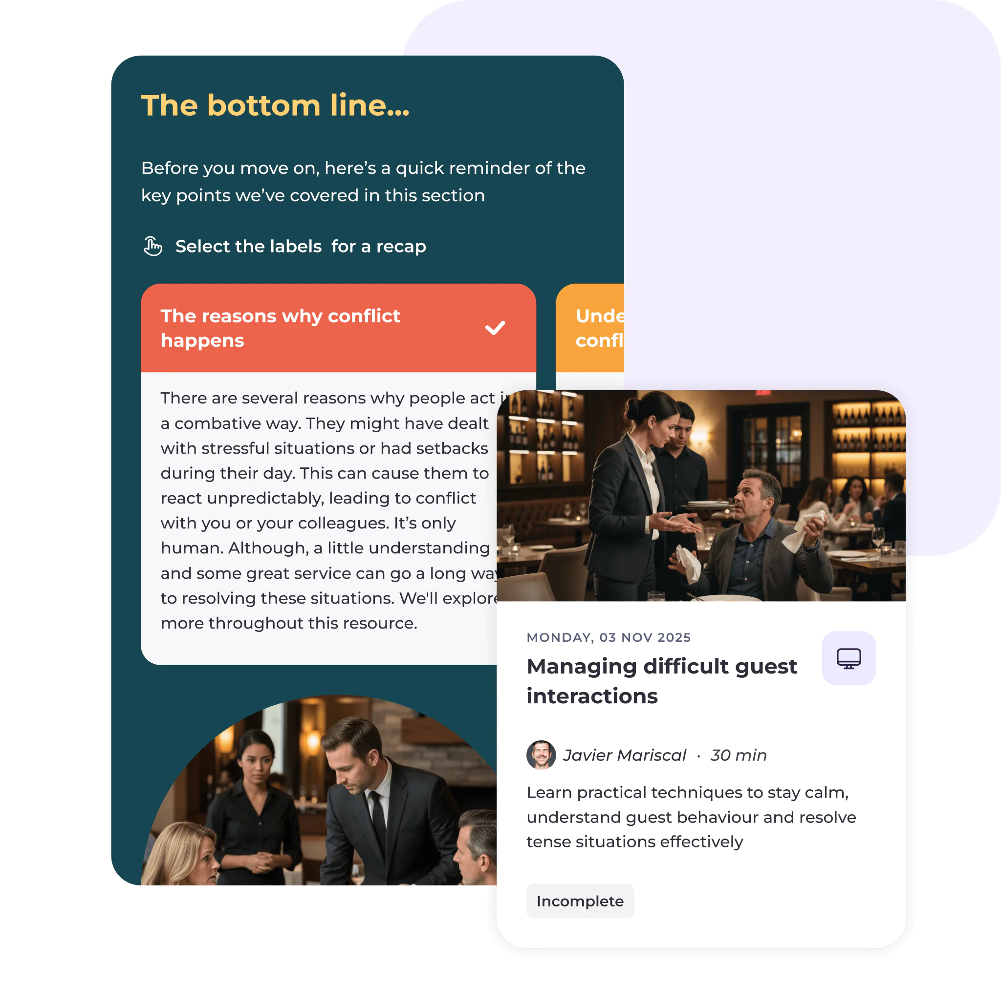 Two overlapping cards: one summarises key points on managing stress at work with colour-coded labels; the other shows a course titled Managing difficult guest interactions with an image of staff in a formal setting.