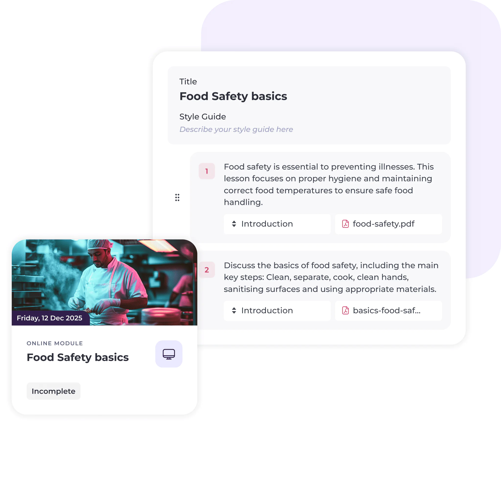 A digital interface displays an online module titled Food Safety Basics, marked incomplete. The lesson includes sections on hygiene, proper temperatures, cleaning, and safe food handling, with downloadable PDF guides.