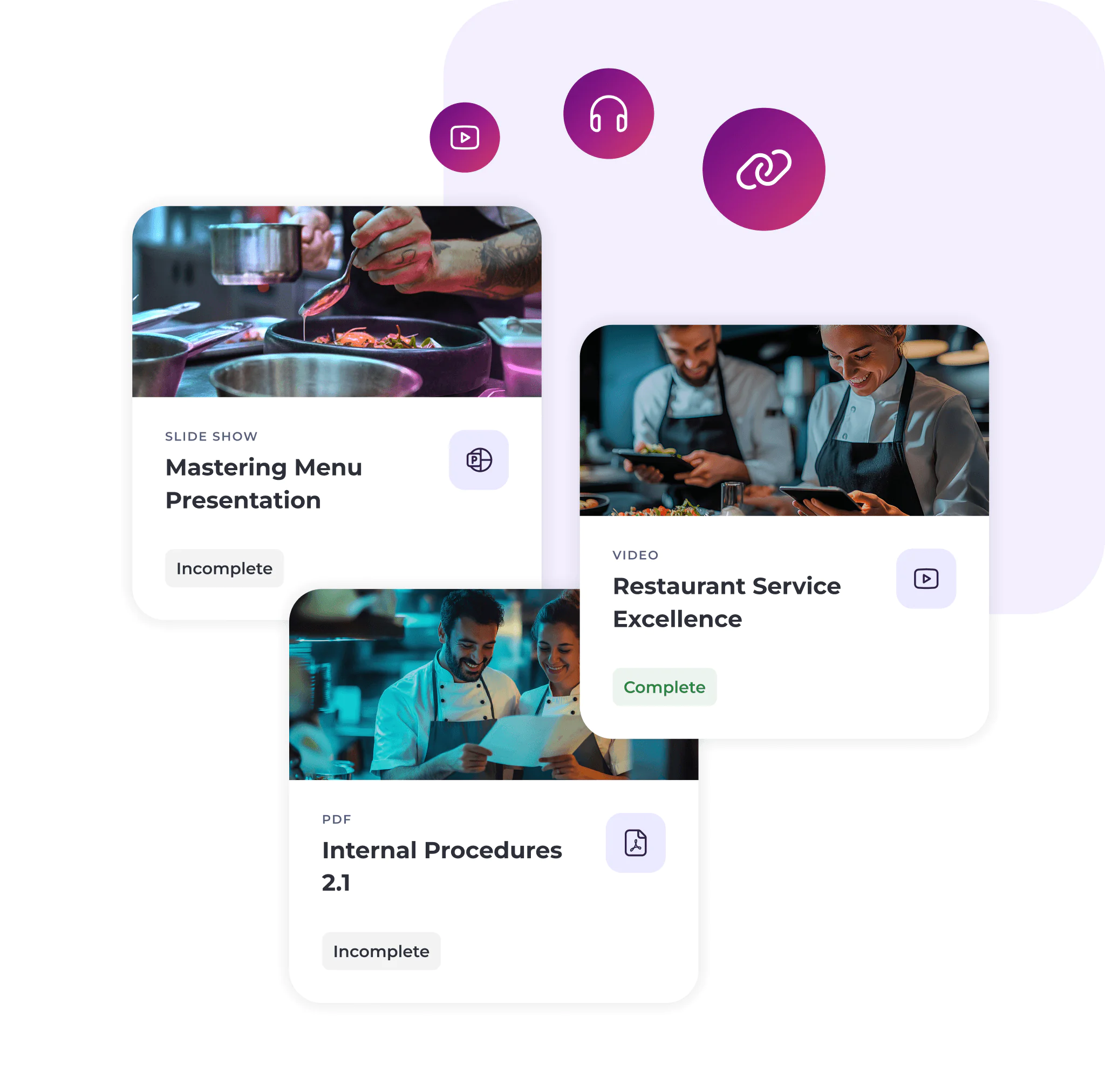 Three learning modules are shown: Mastering Menu Presentation (slideshow, incomplete), Restaurant Service Excellence (video, complete), and Internal Procedures 2.1 (PDF, incomplete), with chefs working in the background.