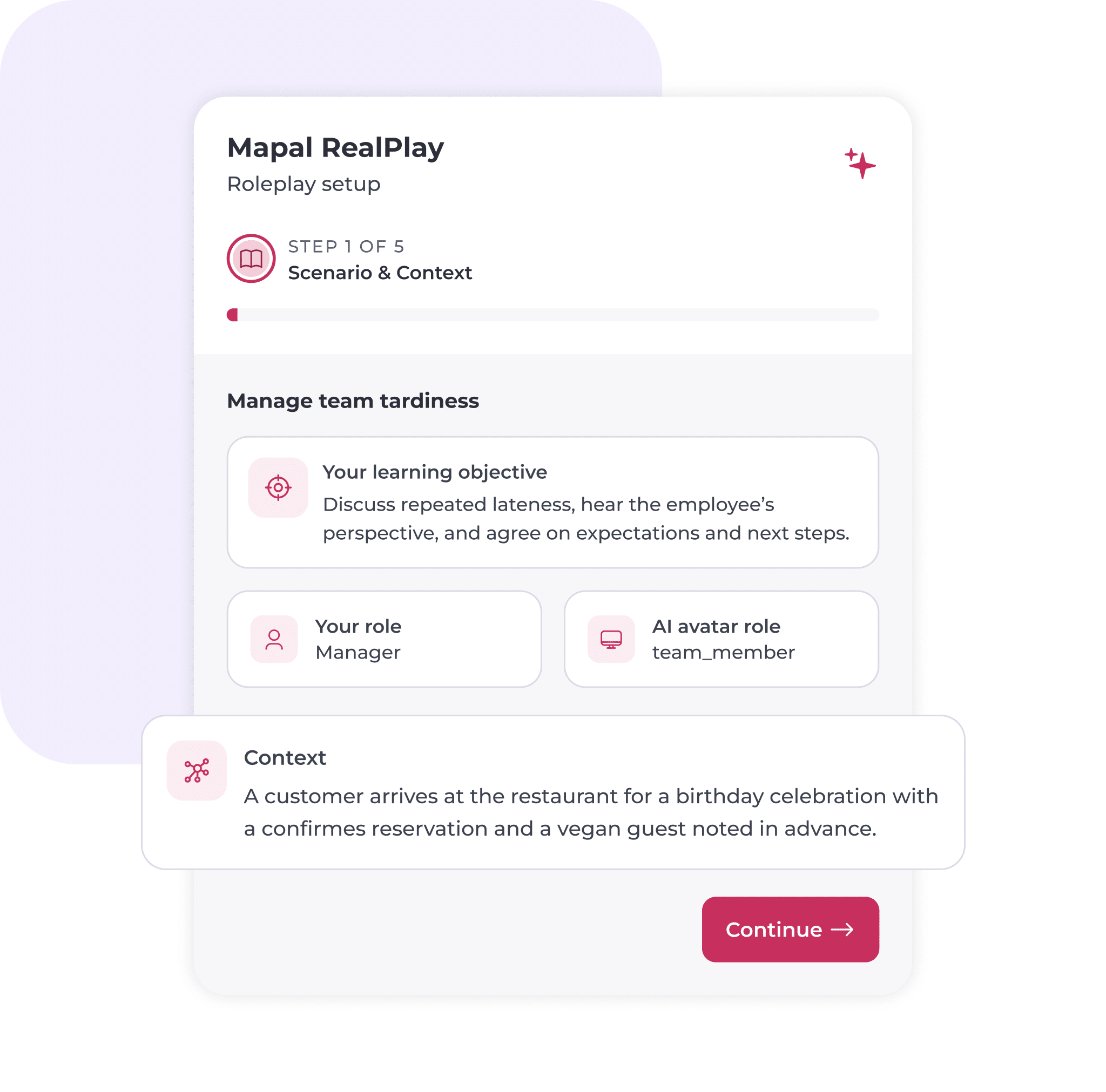 A man in business attire speaks in a video call, with a Connected status. Below, feedback highlights achievements for handling a guest’s concern using empathy and professionalism—showcasing the benefits of effective hospitality training software.