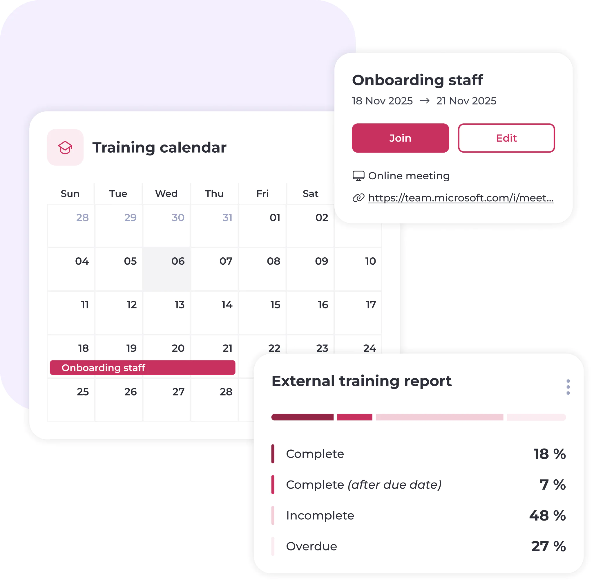 A digital training dashboard showing a calendar with an onboarding staff event, a meeting link, and an external training report with completion statistics in percentages.