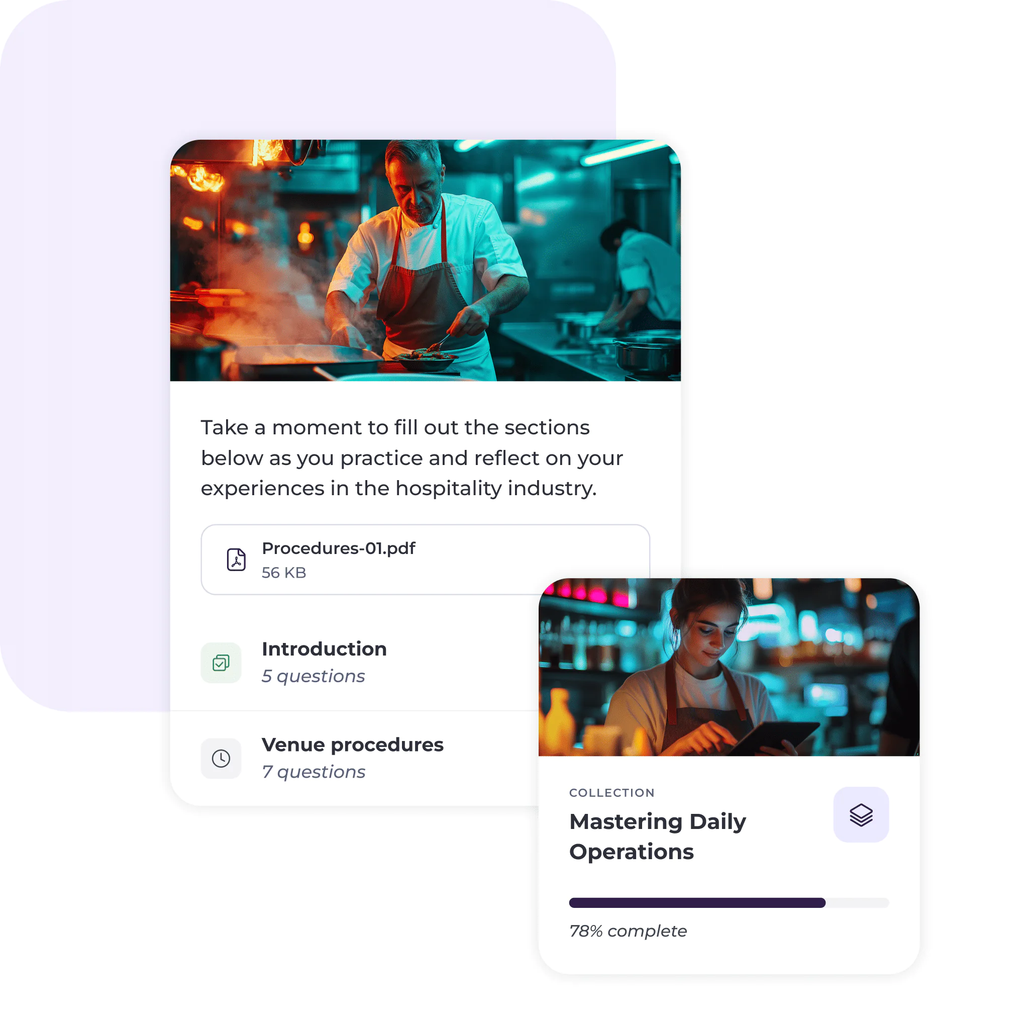 Two cards display hospitality training content. The larger card shows a chef working in a kitchen, with sections for procedures and questions. The smaller card shows a woman reading, labelled “Mastering Daily Operations,” at 78% complete.