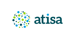 The image shows the atisa logo, featuring the word atisa in dark green lowercase letters next to a circular cluster of blue and green dots of varying sizes on a light grey background.