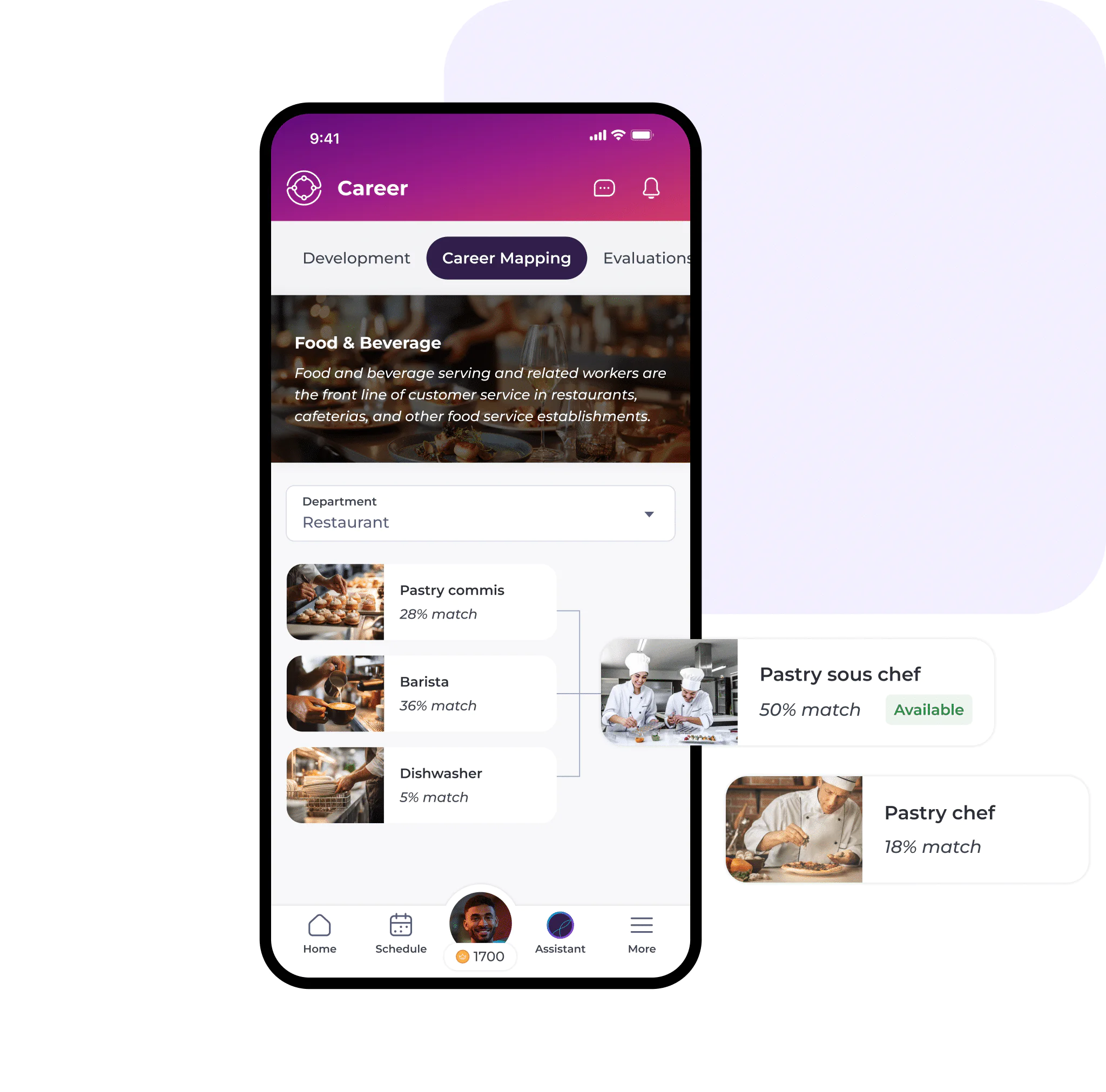 A mobile app screen displays a Career Mapping section for food and beverage jobs enhanced by compliant hospitality communication software, showing roles like pastry commis, barista, and dishwasher, each with a match percentage and profile pictures.