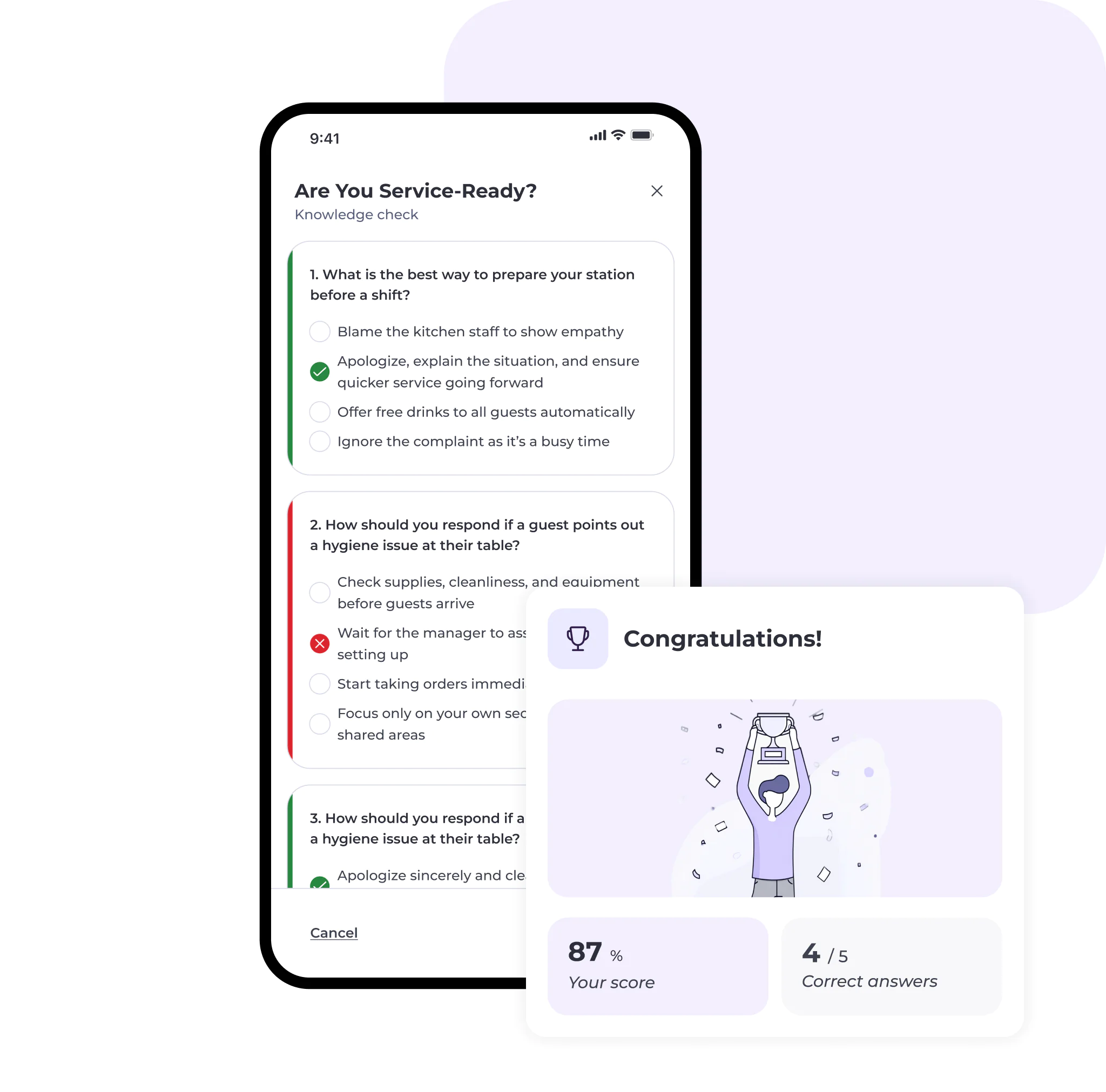 A phone screen displays a service-readiness quiz powered by compliant hospitality communication software. Next to it, a card shows Congratulations!, a hand holding a trophy, an 87% score, and 4/5 Correct answers.
