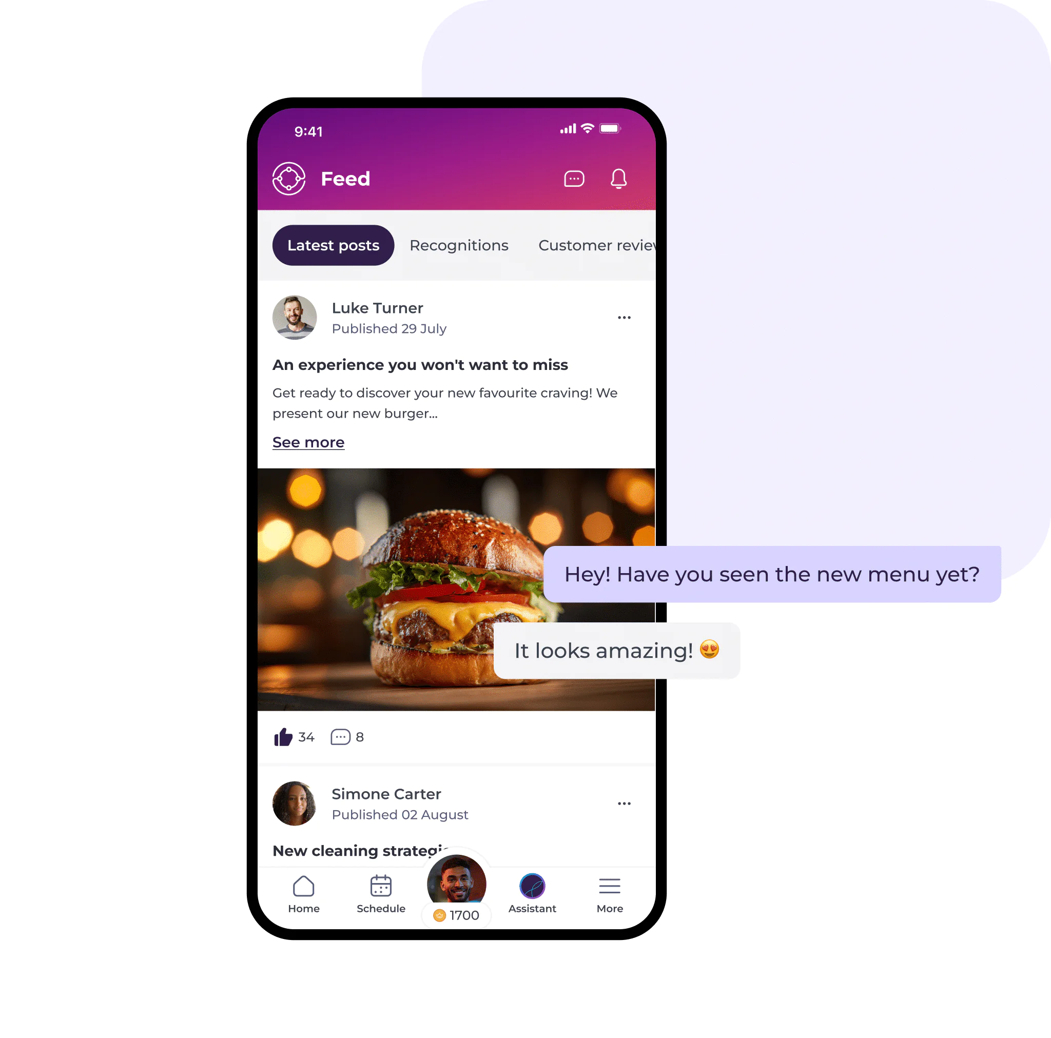 A smartphone screen shows a social apps feed with a post about a new burger, featuring a close-up burger photo. Beside the phone, a chat bubble—sent using compliant hospitality communication software—says, Hi! Have you seen the new menu yet? It looks amazing!🤤.
