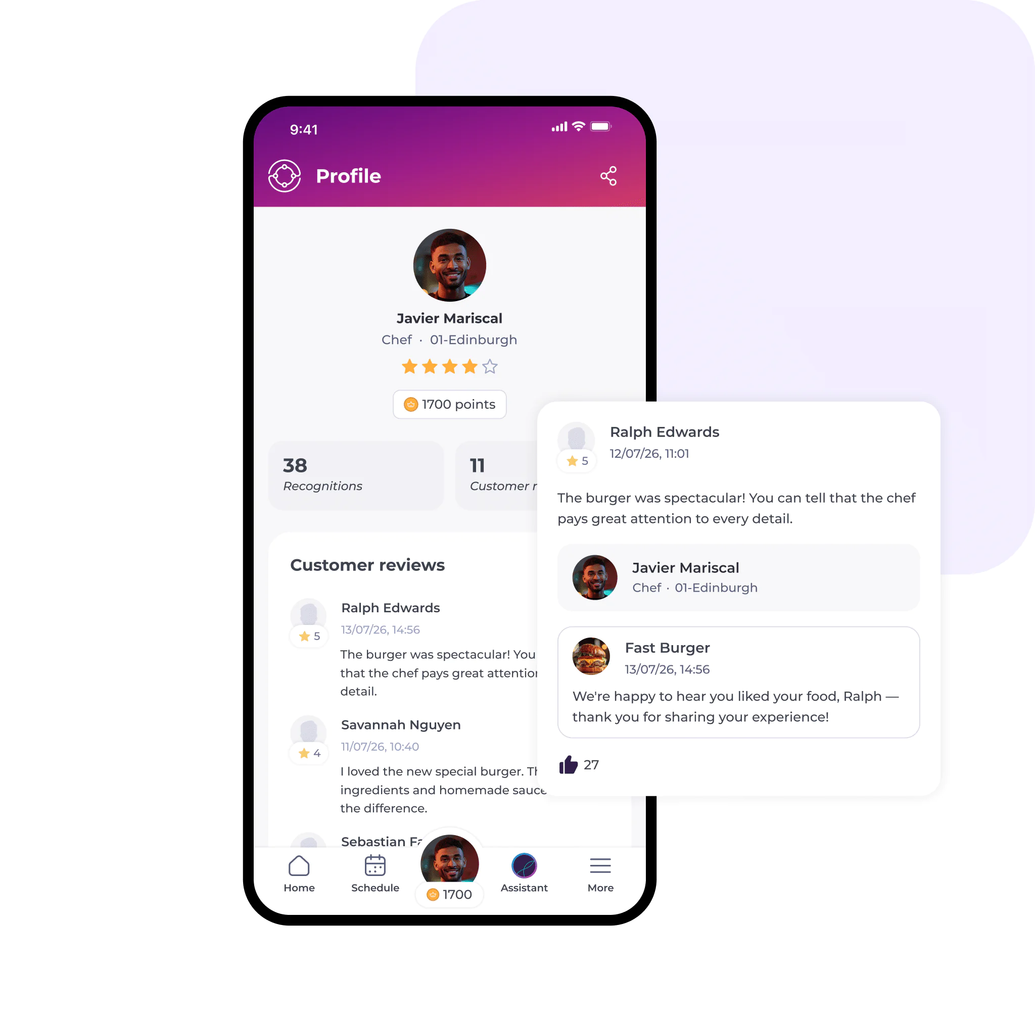 A mobile app profile screen for chef Javier Mariscal displays his photo, rating, points, recognitions, and customer reviews—powered by compliant hospitality communication software. A pop-up shows a detailed review with likes and replies.