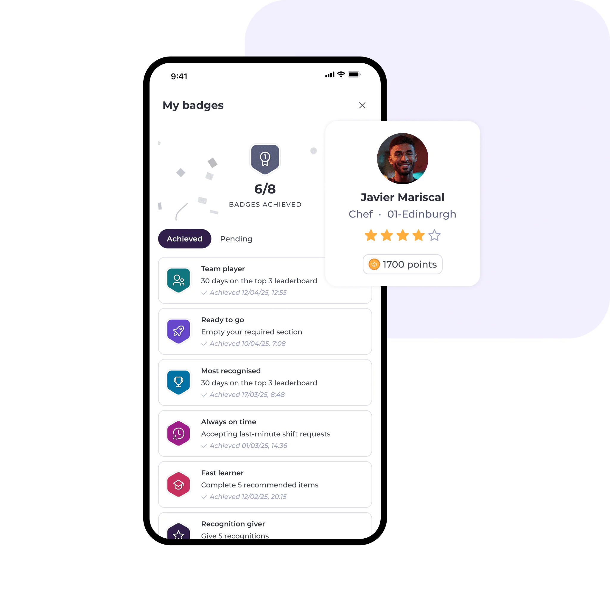 A mobile app screen shows a My badges page with 6 out of 8 badges achieved. A pop-up displays Javier Mariscal’s profile photo, name, role, location, 4-star rating, and 1,700 points using compliant hospitality communication software.