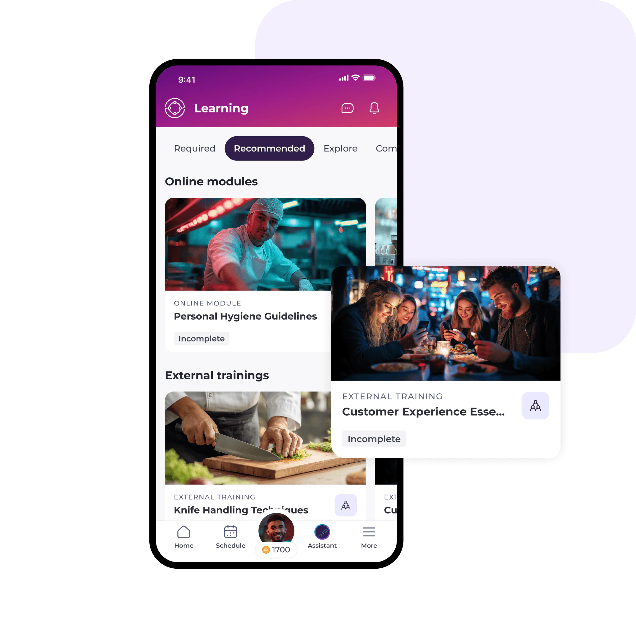 A mobile app screen displays a Learning section with online modules and external trainings, powered by compliant hospitality communication software, including Personal Hygiene Guidelines, Knife Handling Techniques, and Customer Experience Essentials.