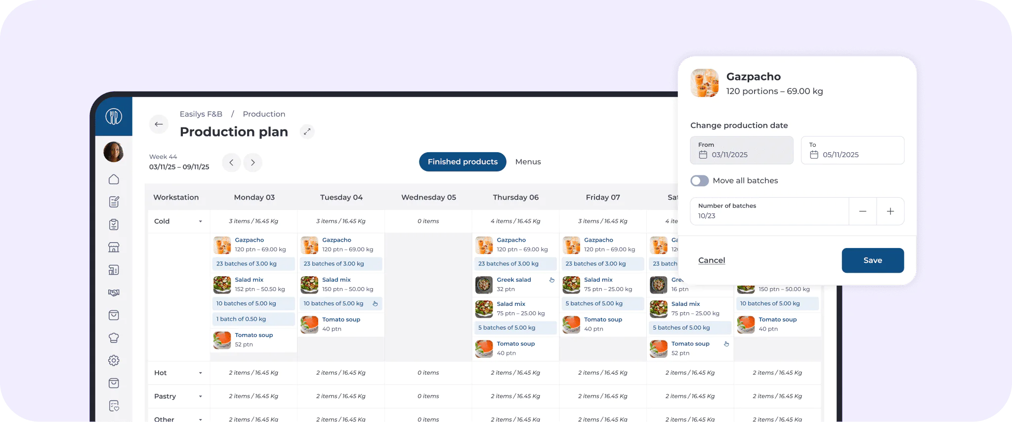 A digital production plan interface showing a weekly schedule for food preparation, with item names, images, and quantities. A pop-up window in the foreground allows editing for gazpacho, including date, batch number, and portion size.