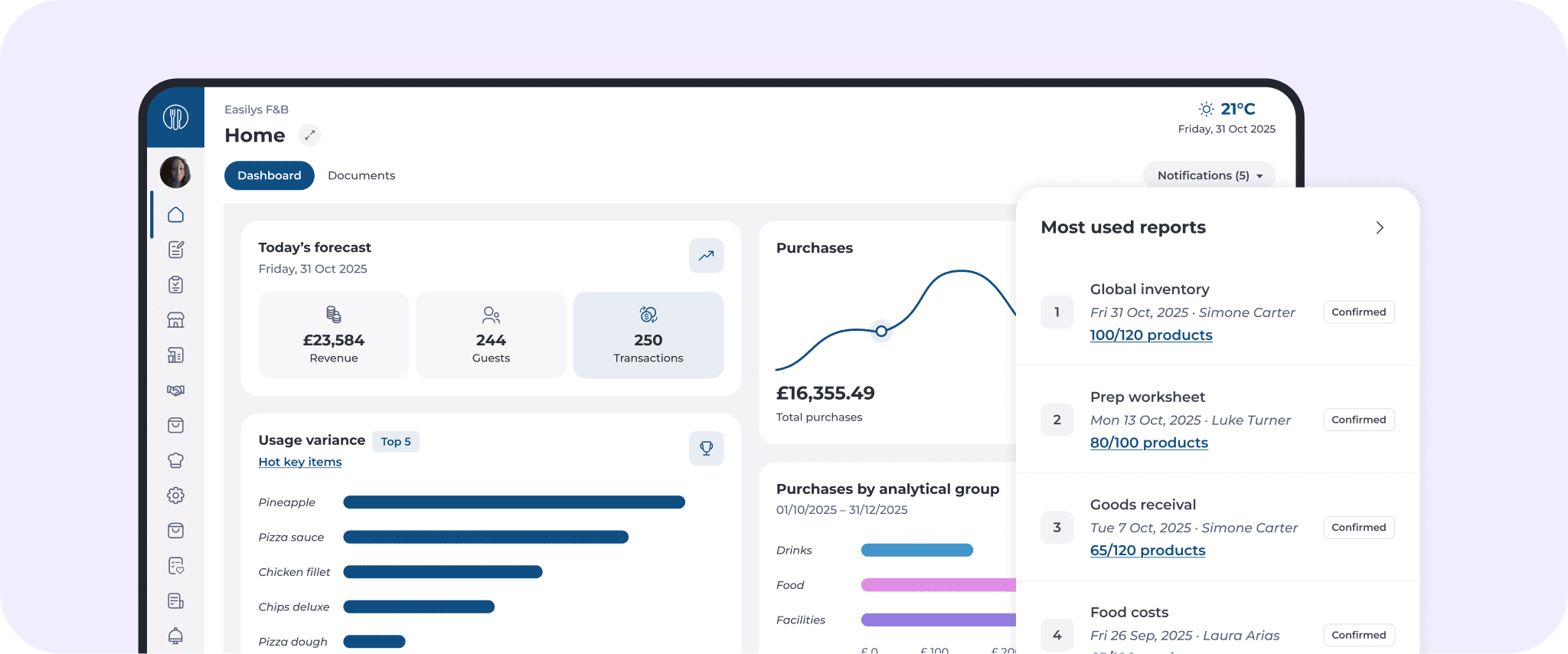 A user interface dashboard displays financial data, purchases graph, usage overview, and a sidebar listing most used reports with clickable links. The interface has a clean, modern design with blue and white tones.