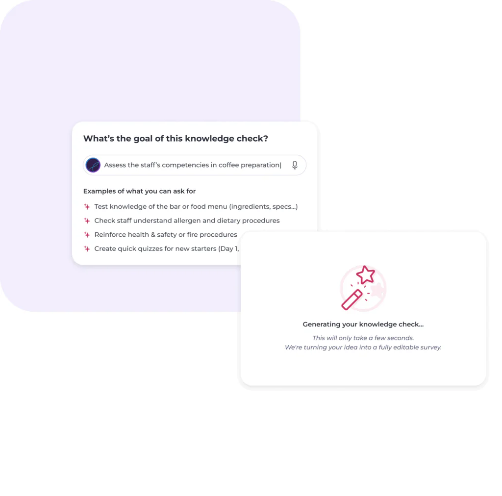 Two overlapping dialogue boxes on a white background. The first asks, What’s the goal of this knowledge check? with options and examples tailored for Mapal OS ​ hospitality software systems. The second displays a loading icon with Generating your knowledge check...