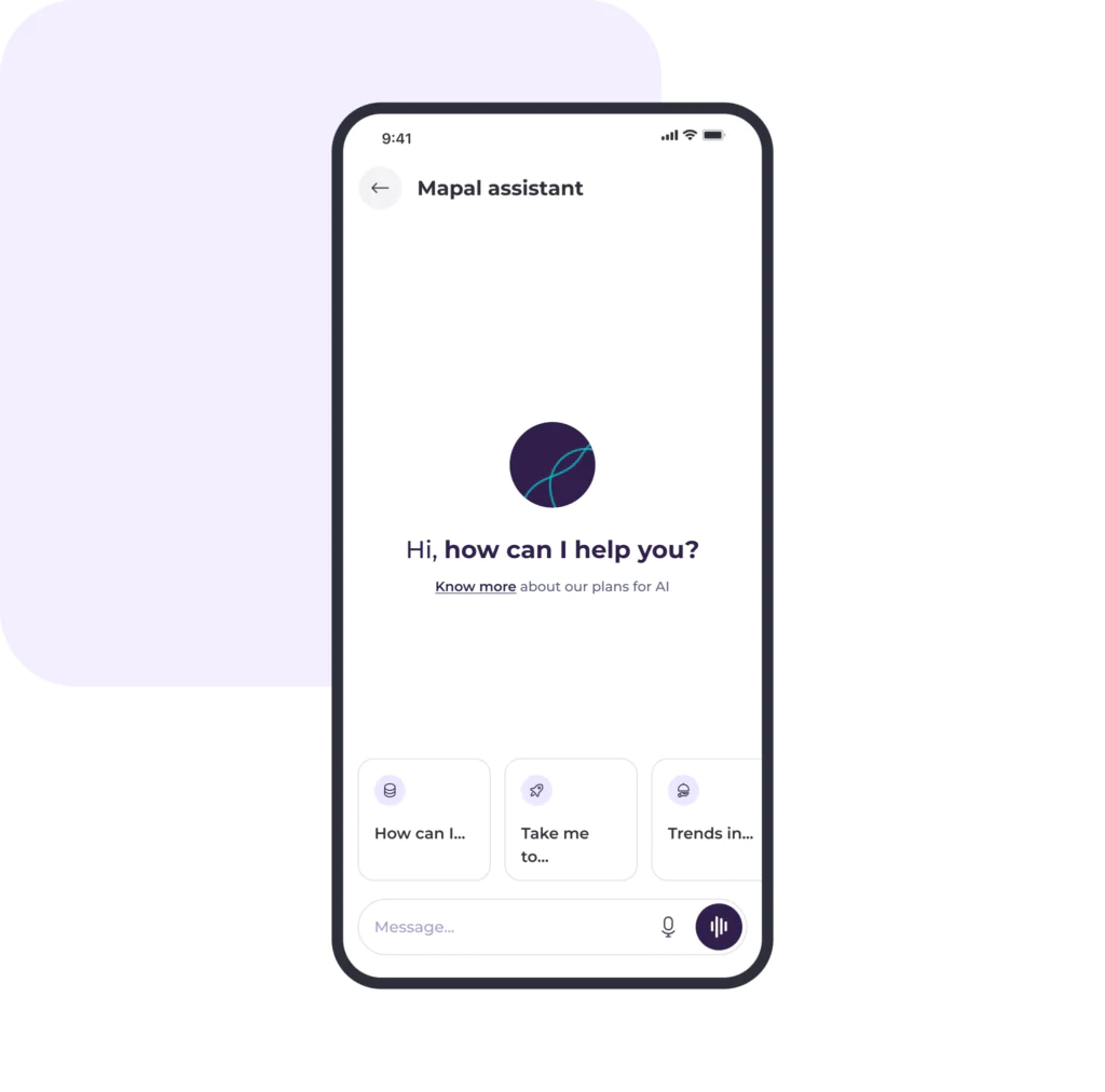 A smartphone screen displays the Mapal OS assistant app, part of leading hospitality software systems. The interface asks, Hi, how can I help you? with options like “How can I…”, “Take me to…”, and “Trends in...”. A message bar and microphone icon are at the bottom.