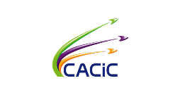 Logo with the text CACiC in blue. Three swooshes—green, purple, and orange—arc above the text, each ending in an arrowhead pointing upwards and to the right. Ideal for Hospitality Development Services, set against a light grey background.