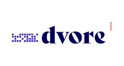The image displays the word dvore in bold, dark blue stylised font. To the left are blue square dots in a grid, and to the right, three small red triangles stacked vertically—evoking ideas of modern Hospitality Development Services.