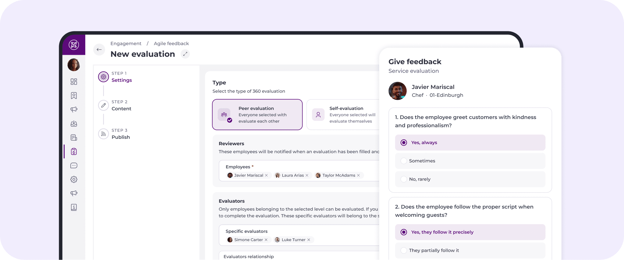 A web interface displays an employee appraisal form with options for peer and self-appraisals. A feedback section shows a reviewer assessing an employee’s service with multiple-choice questions and profile details.