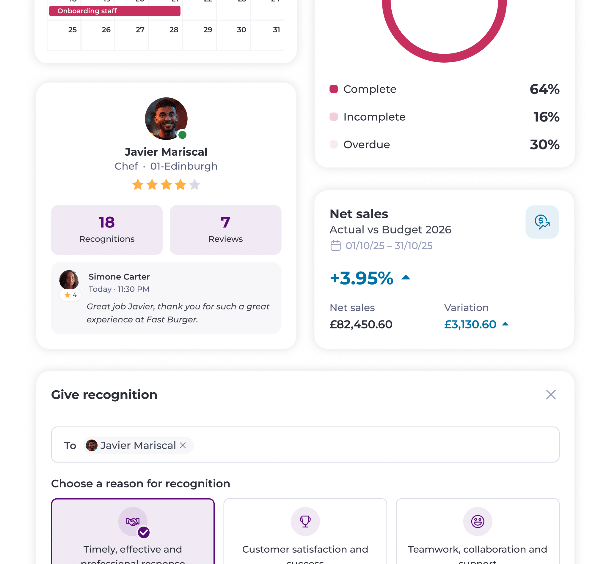 A digital dashboard displays employee recognition, reviews, net sales statistics, and options to give recognition. It features a profile picture, bar and pie charts, feedback, and sales figures. The interface uses purple and white tones.