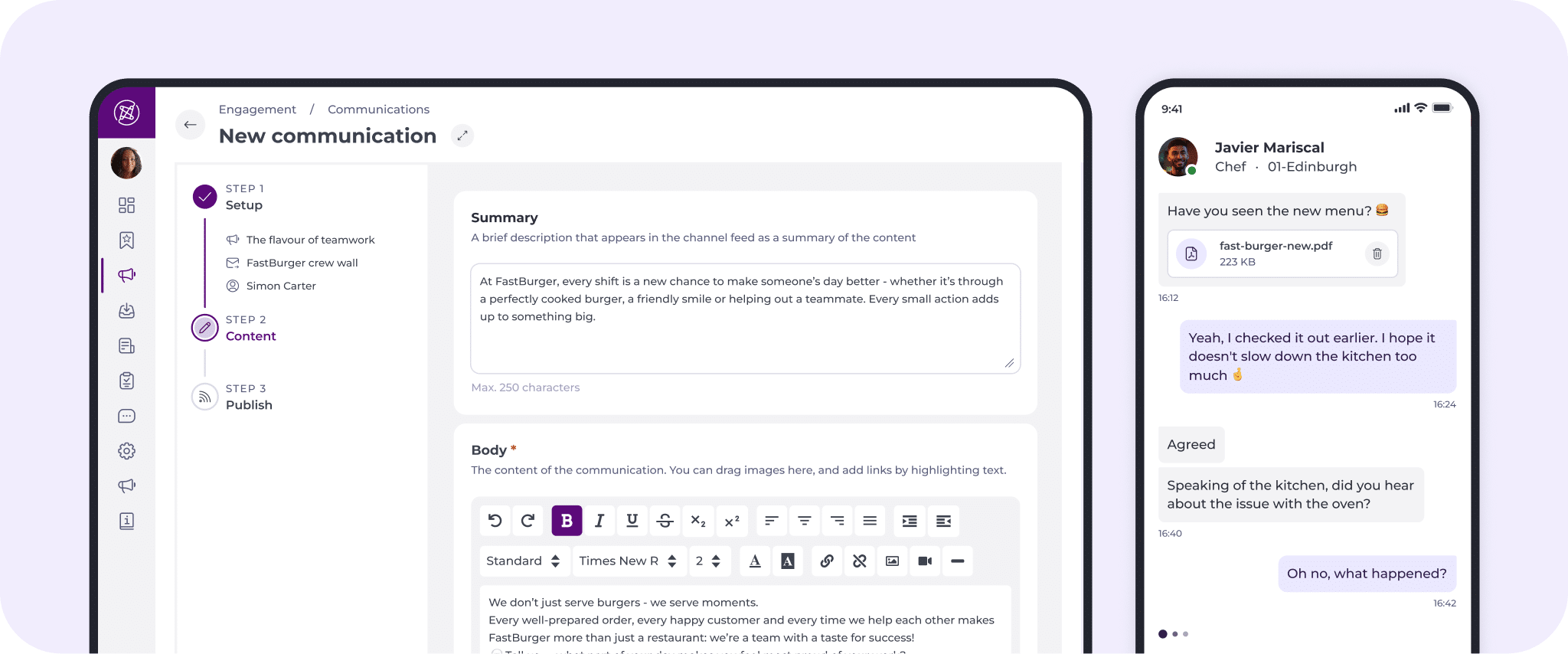 A desktop and mobile view of a communication platform show message drafting on the left and a chat conversation on the right, both with clean, white interfaces and organised layouts.