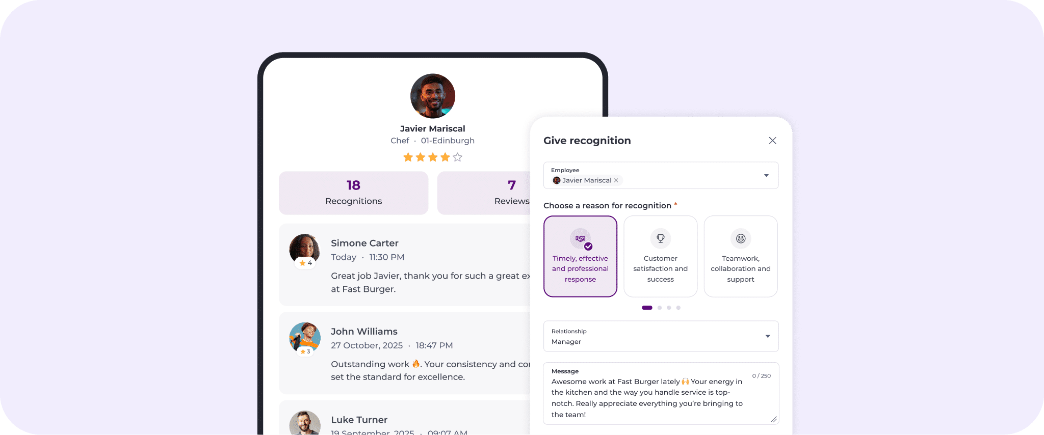 A digital interface displays employee recognition stats with profile pictures, messages of appreciation, and a form for giving recognition, including options like teamwork and customer success, on a light purple background.