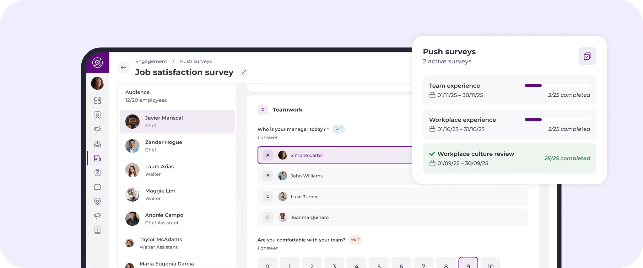A computer screen displays a job satisfaction survey interface showing participant names, survey progress bars, and a pop-up with completion stats for team experience and workplace culture surveys.