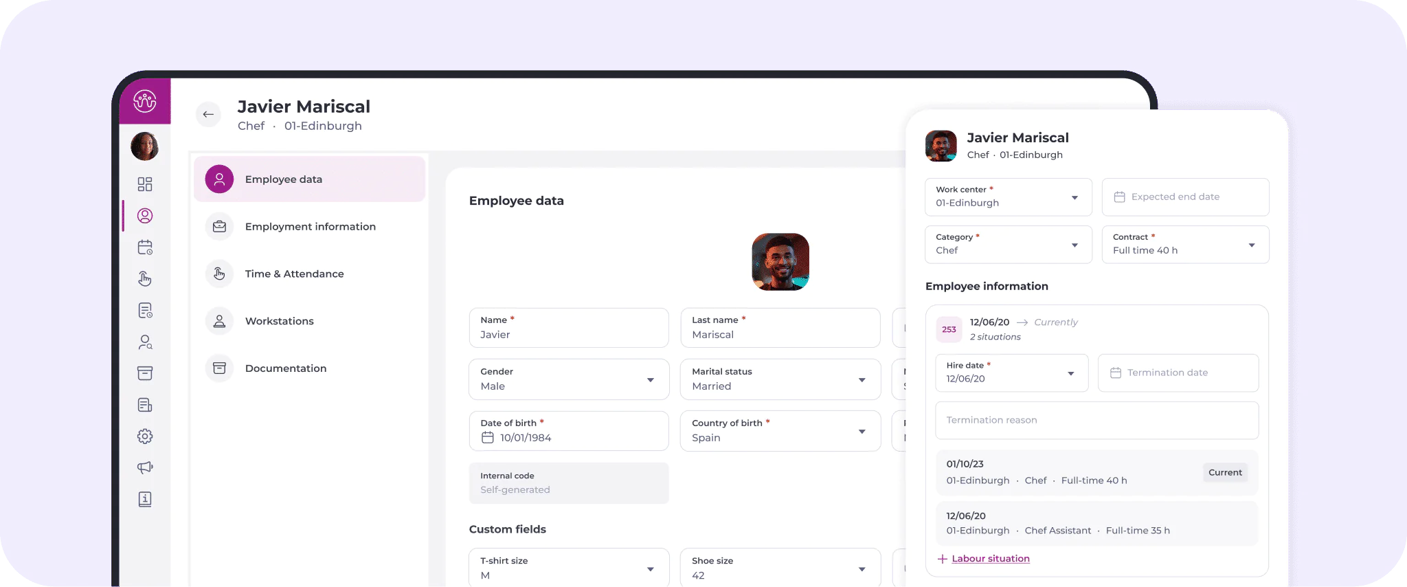 A digital dashboard powered by hospitality workforce management software displays employee data for Javier Mariscal, including personal details, job info, and work status. Two panels show form fields and profile photos on a white, modern interface.