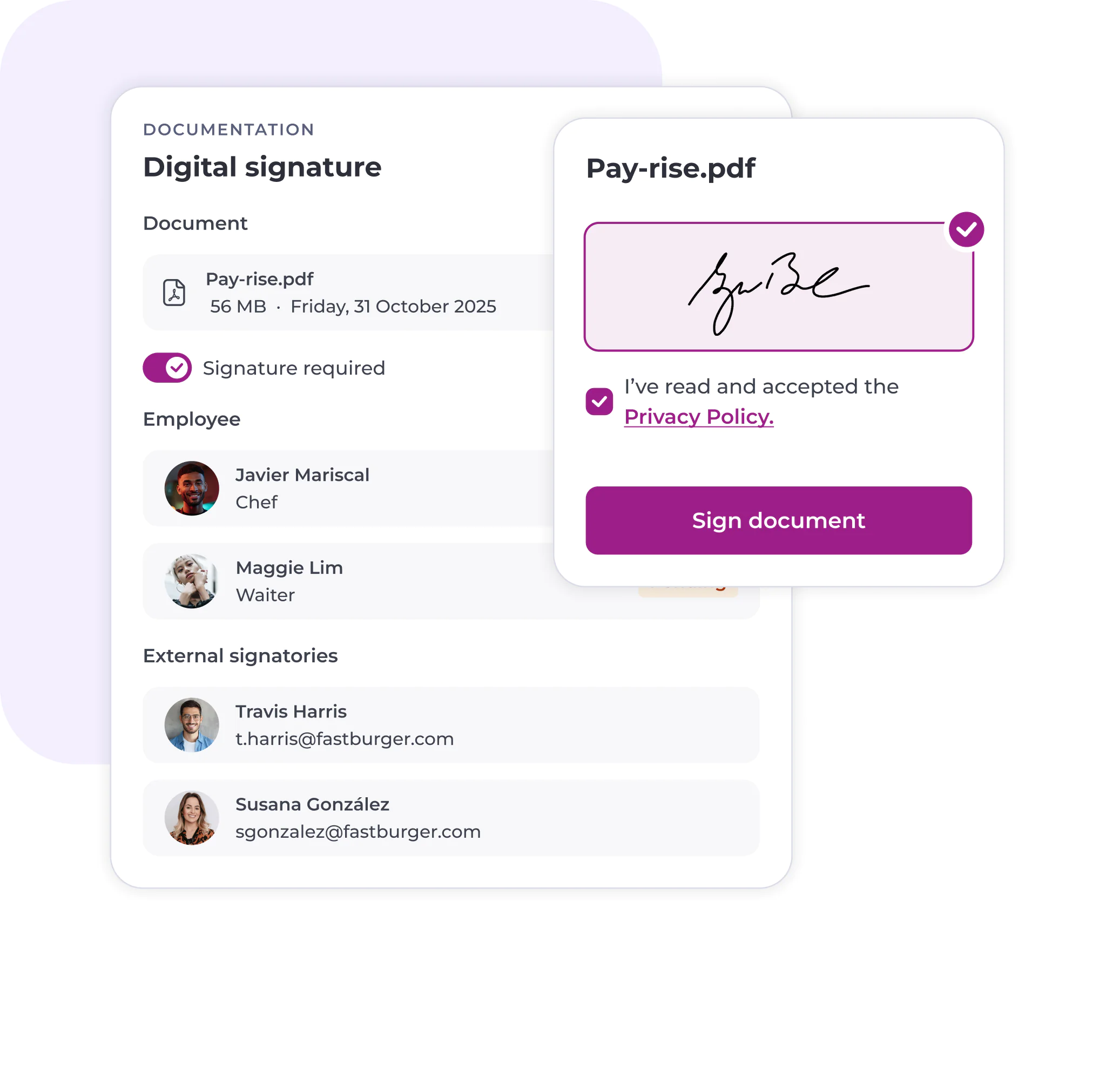 A digital signature interface displays a file named Pay-rise.pdf with a signed box, confirmation of policy acceptance, and a list of employees and external signatories involved in the process.