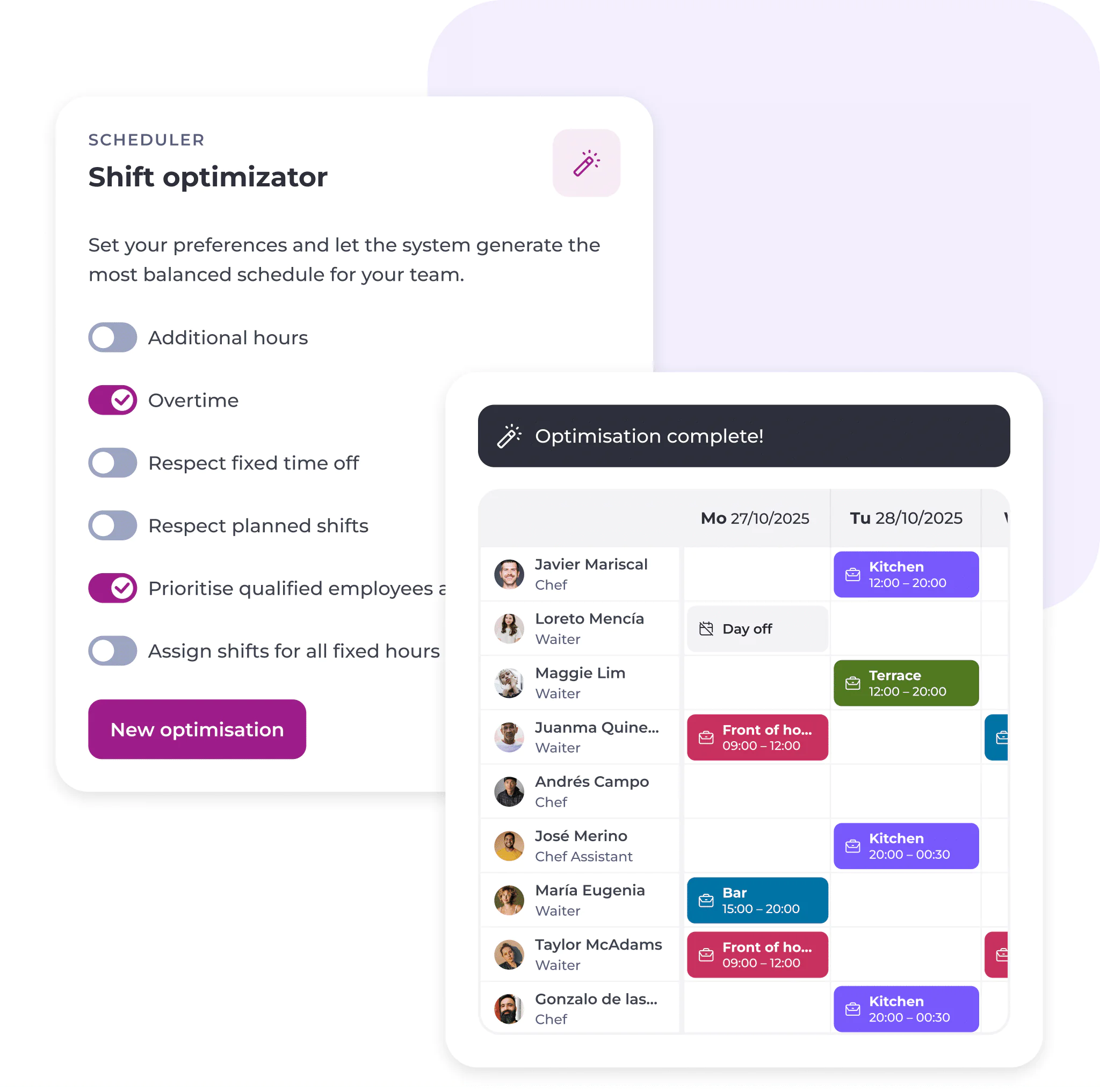 Two overlapping UI panels: one shows shift optimisation options with toggles, including overtime and prioritising qualified employees; the other shows a colour-coded weekly staff rota with roles, times, and work areas.