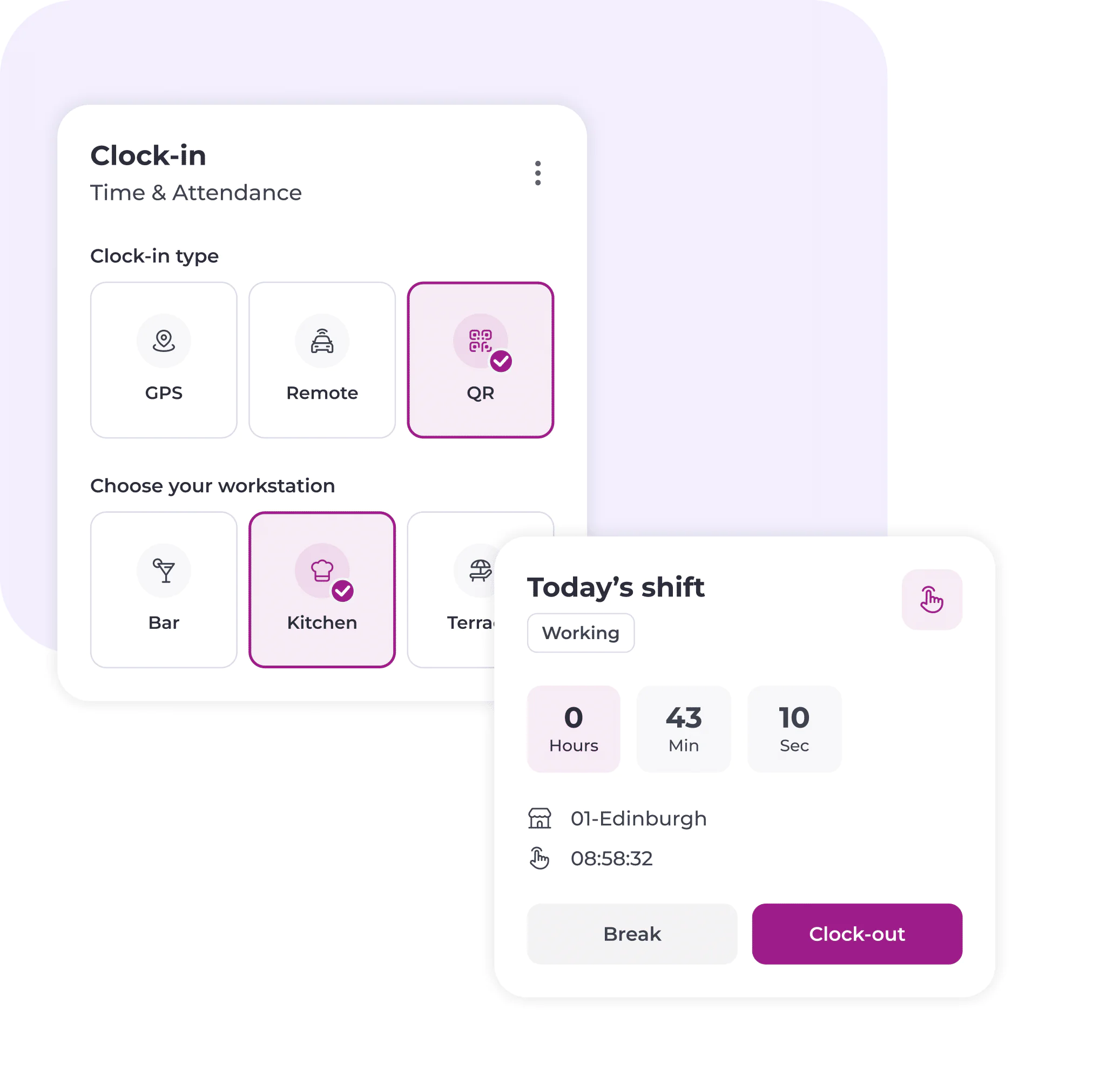 Two white interface cards show a time and attendance app. The first card lets users select a clock-in type (GPS, Remote, QR) and workstation (Bar, Kitchen, Terrace), with QR and Kitchen selected. The second card shows today’s shift timer and a clock-out button.