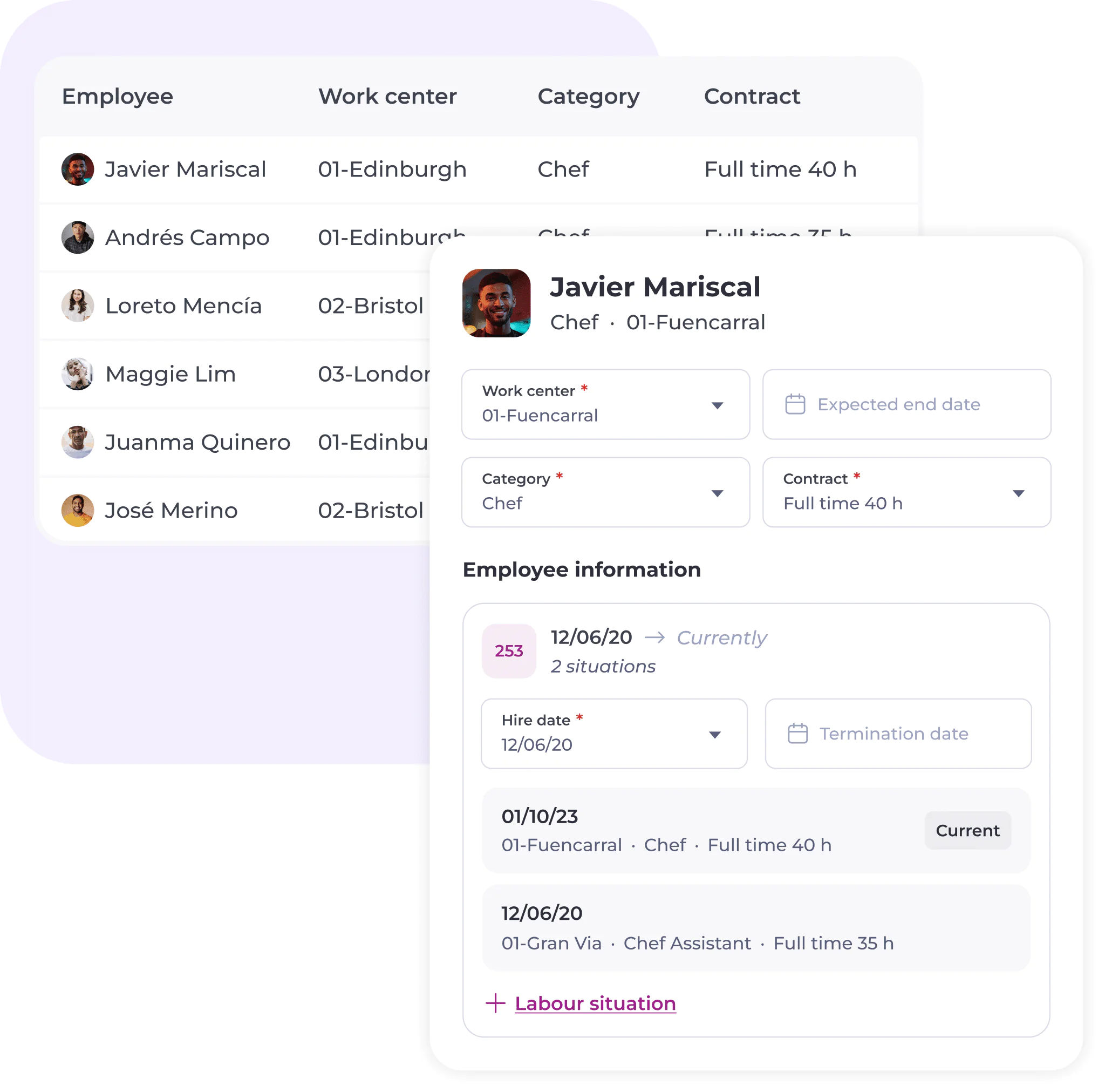 A dashboard displays employee details in a table on the left and selected employee info on the right, including work centre, category, contract, hire date, and job history, with options to edit or view more details.