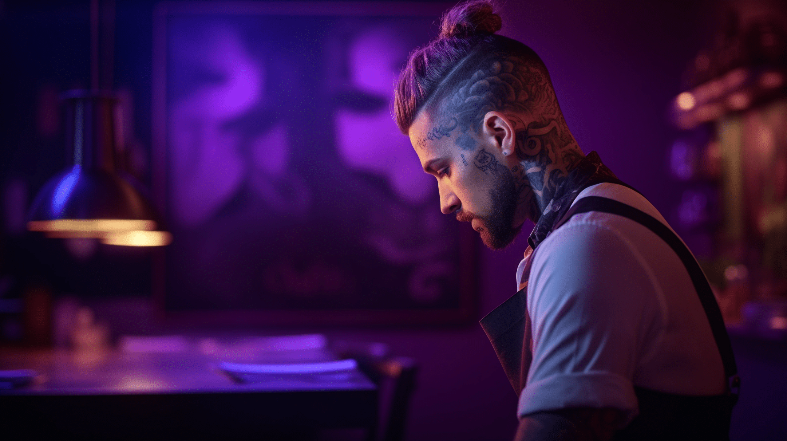 A man with tattoos and a tied-back hairstyle sits at a table in a dimly lit, purple-toned room, appearing thoughtful or focused, with blurred artwork visible in the background.