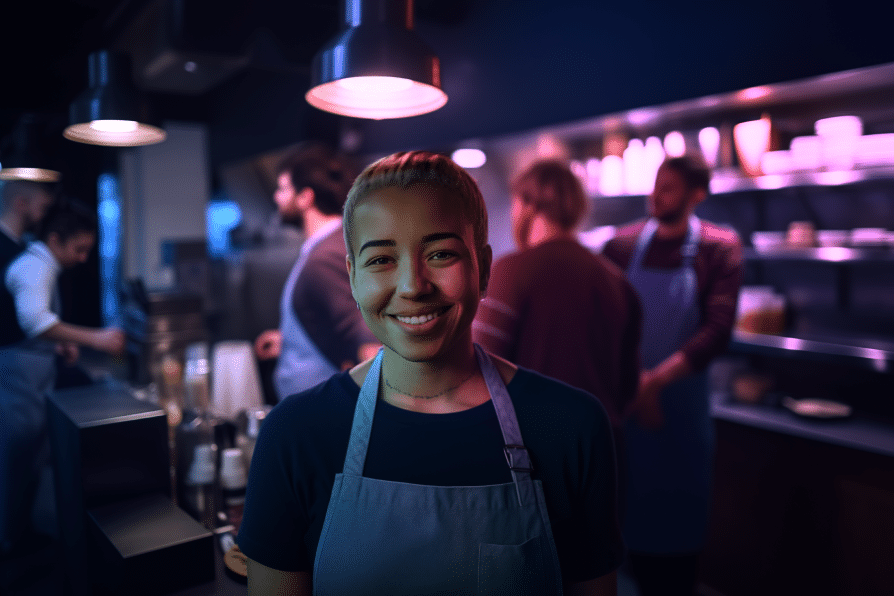 A smiling barista stands in the foreground of a bustling, warmly lit café kitchen, whilst several colleagues in aprons work behind her, preparing drinks and food.