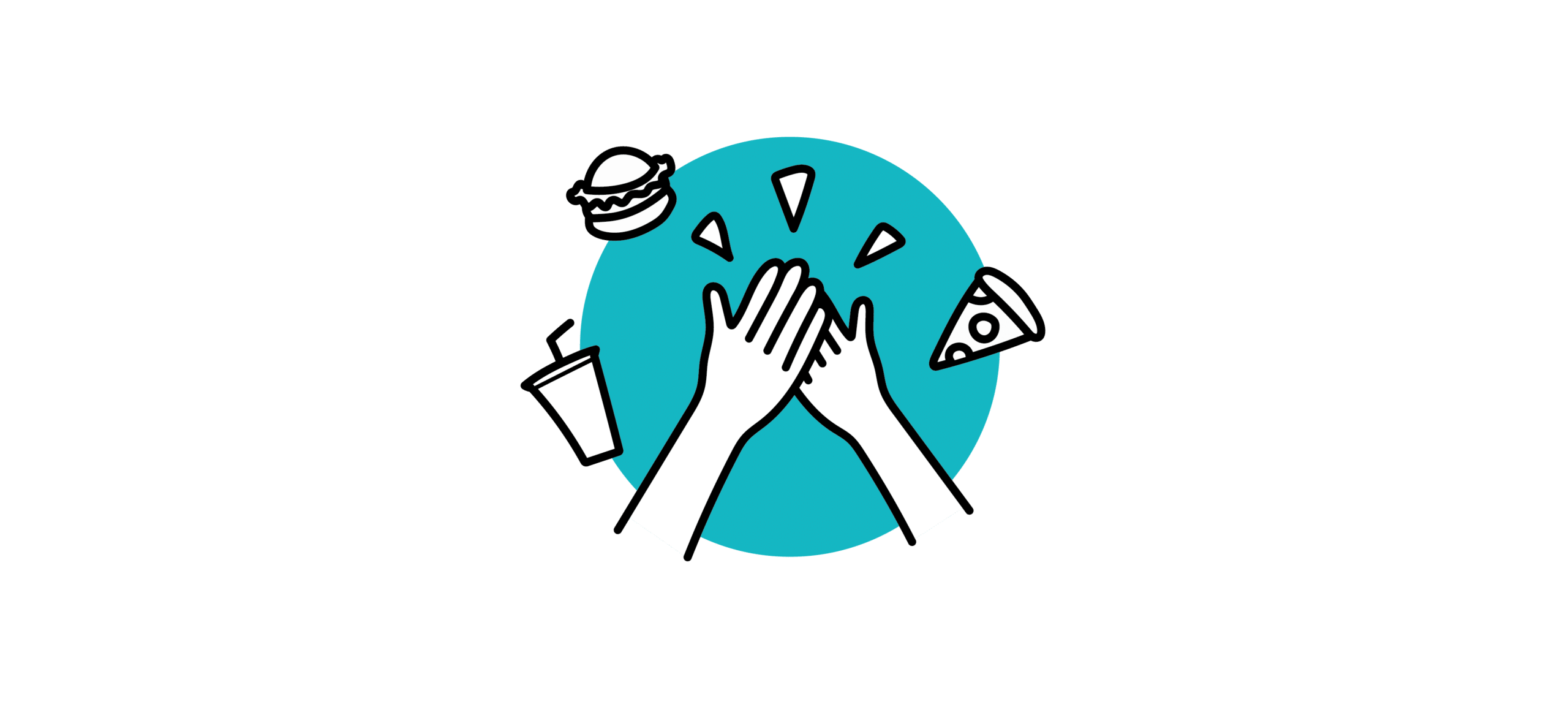 Two hands high-fiving in front of a blue circle, surrounded by drawings of a burger, a cup with a straw, and a slice of pizza on a white background.