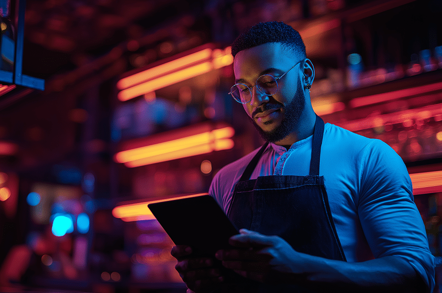 A barman wearing glasses and an apron uses a tablet in a bar with colourful neon lighting and shelves of glasses in the background.