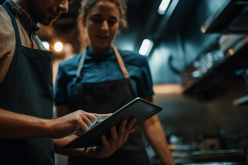Two people wearing aprons stand in a kitchen, looking at a digital tablet one of them is holding. The background shows a professional kitchen environment with blurred lights and equipment.