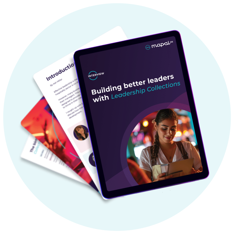 A tablet displays a cover reading Building better leaders with Leadership Collections alongside blurred images of two open, colourful booklets in the background.
