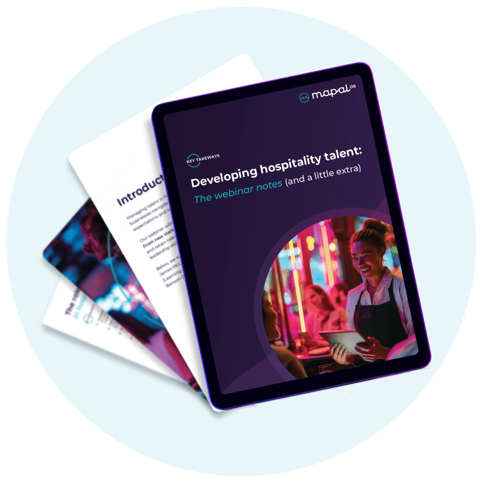 An angled tablet displays a cover titled Developing hospitality talent: The webinar notes, with partially visible pages underneath showing text and a photo of a smiling waiter.
