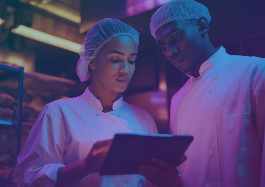 Two chefs wearing white uniforms and hairnets stand in a kitchen, closely looking at a tablet together under purple lighting.
