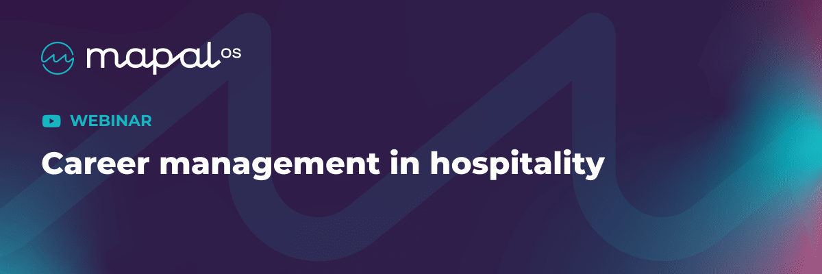 Webinar banner for Career management in hospitality by Mapal OS, with a blue background and YouTube webinar icon.