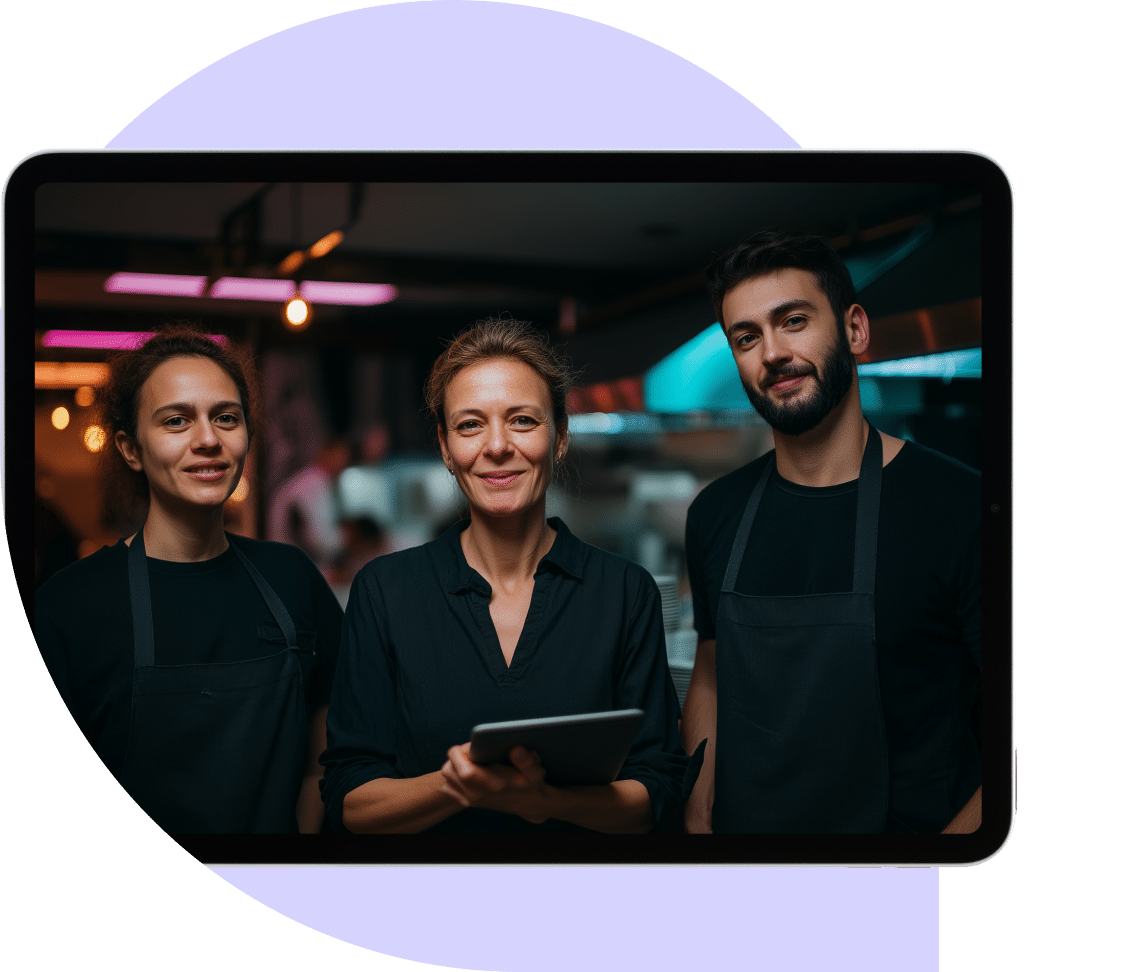 Three people wearing black aprons stand together in a restaurant kitchen, smiling at the camera. One person in the centre holds a tablet, and warm lighting creates a welcoming atmosphere.
