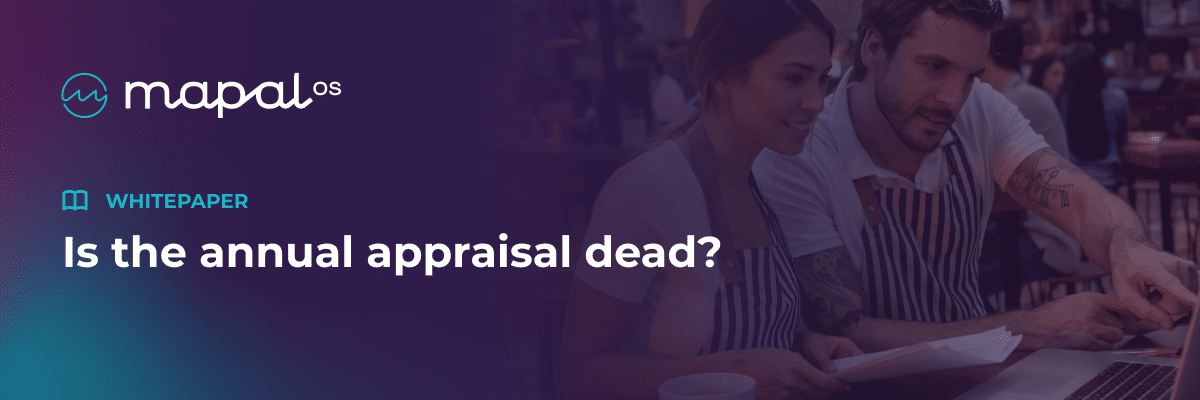 Two people wearing aprons look at papers together. On the left, text reads: Is the annual appraisal dead? with WHITEPAPER above and the mapal os logo in the top left corner.
