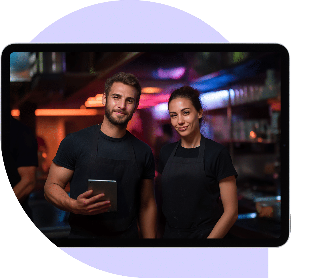 Two restaurant staff in black uniforms stand side by side, smiling inside a kitchen. The image appears on a tablet screen with a purple semi-circle background.