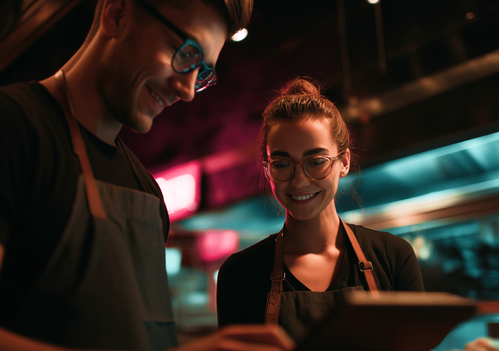 Two smiling people wearing glasses and aprons review a tablet together in a warmly lit restaurant or café setting, suggesting teamwork and a positive atmosphere in a professional environment.