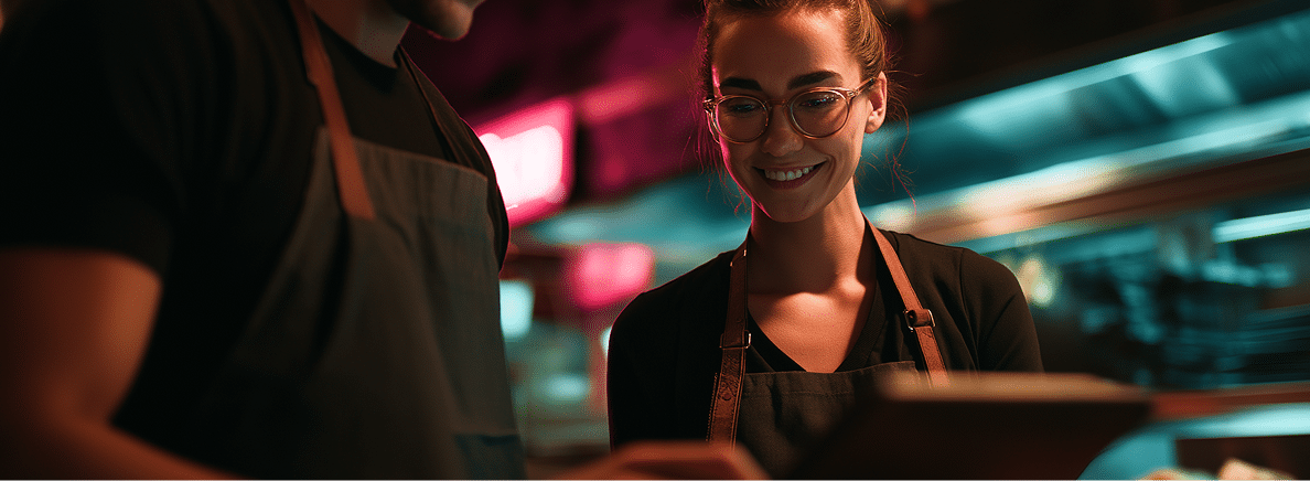 Two people wearing aprons stand together in a warmly lit restaurant kitchen, smiling while looking at a digital tablet.