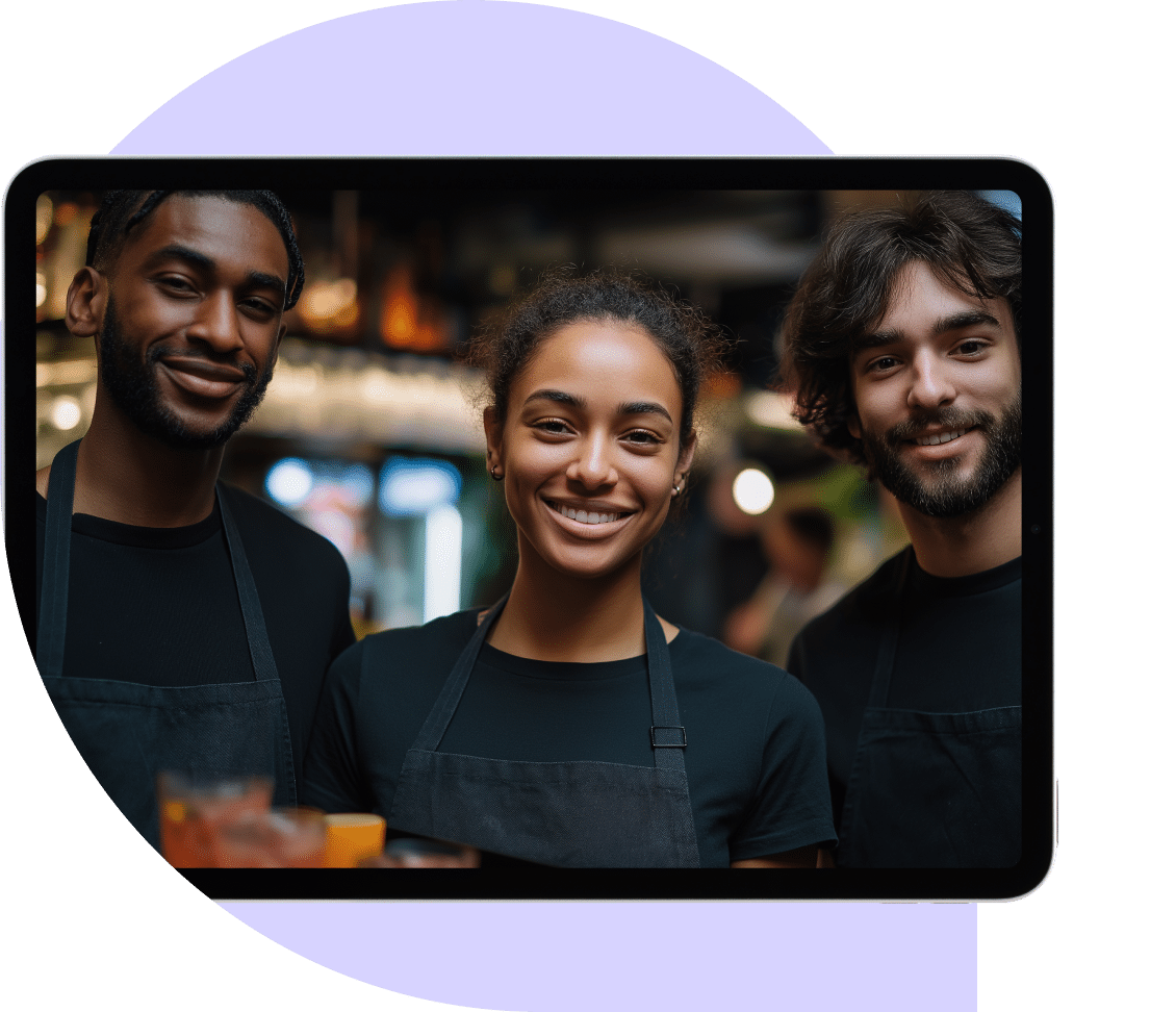 Three young adults wearing black shirts and aprons smile whilst standing together, framed within a tablet screen; a blurred background suggests a casual, indoor setting.