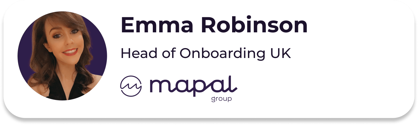 A woman smiling, with text: Emma Robinson, Head of Onboarding UK, MAPAL Group and the MAPAL Group logo.