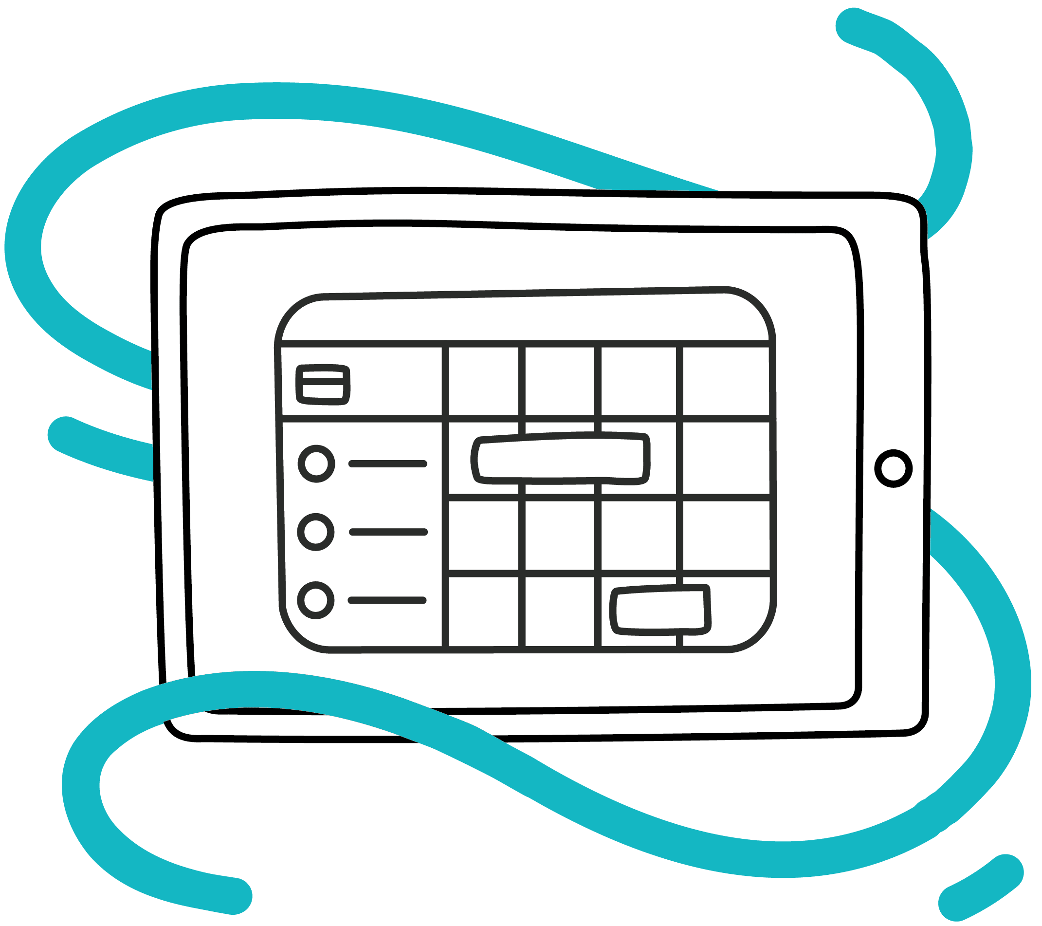 A tablet displaying a spreadsheet with a blue wavy line looping around it on a light background.