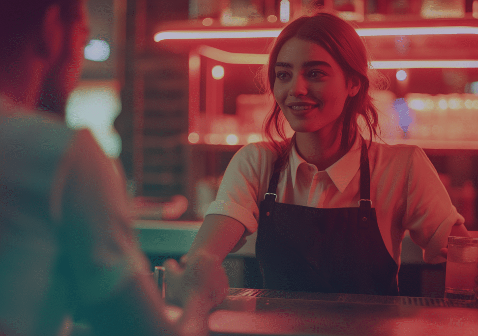 A smiling barman in a dark bar with red neon lights talks to a customer across the counter, wearing a white shirt and black apron.