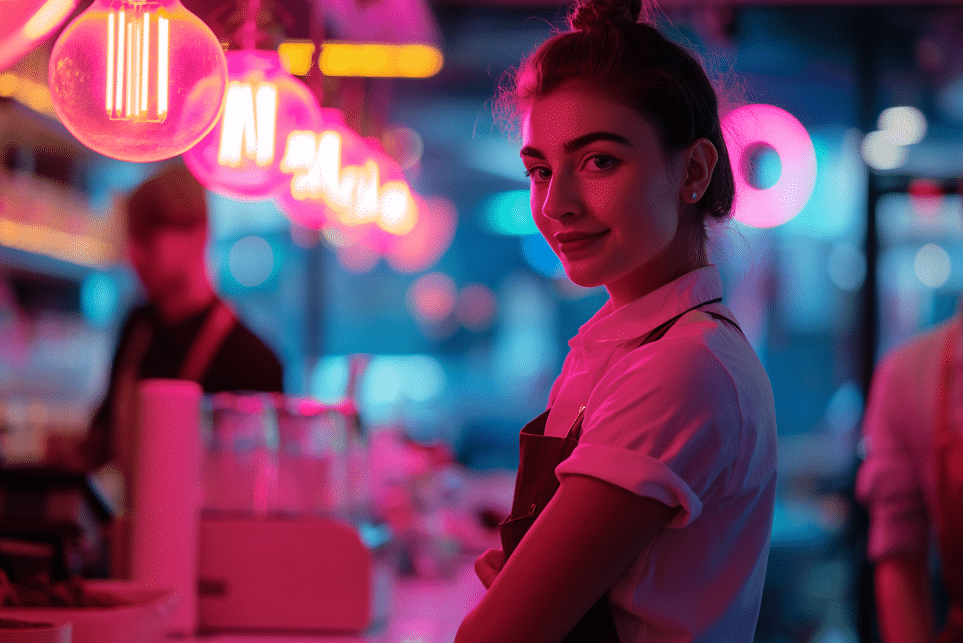 A young woman in an apron stands in a vibrant diner with neon pink and blue lights, smiling softly at the camera. The background shows a bar counter and blurred figures.