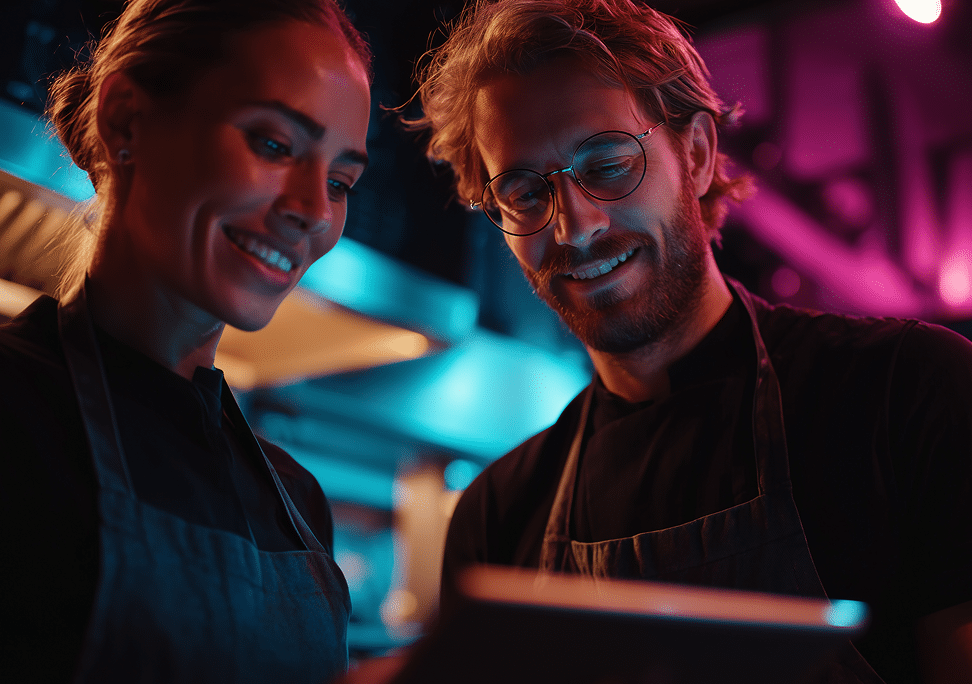 Two people wearing aprons smile while looking at a tablet in a restaurant kitchen with colourful lighting.
