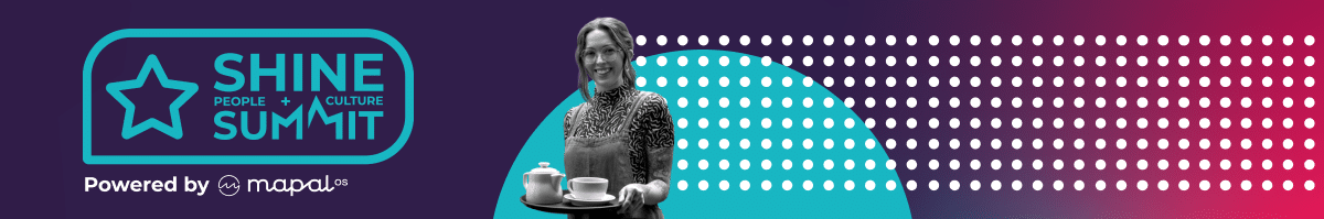 Banner for SHINE Summit, featuring a smiling woman holding a tray with tea and coffee. The design includes a star logo, the summit name, and the text Powered by mapal.os on a stylish blue and purple background with white dots.